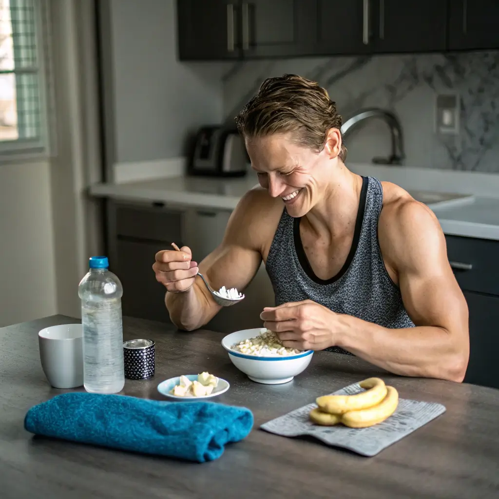 Bodybuilder eating cottage cheese post-workout meal for muscle recovery