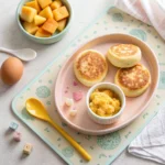 Baby-friendly cottage cheese pancakes and egg bites served on a pastel plate with mashed fruit and a baby spoon