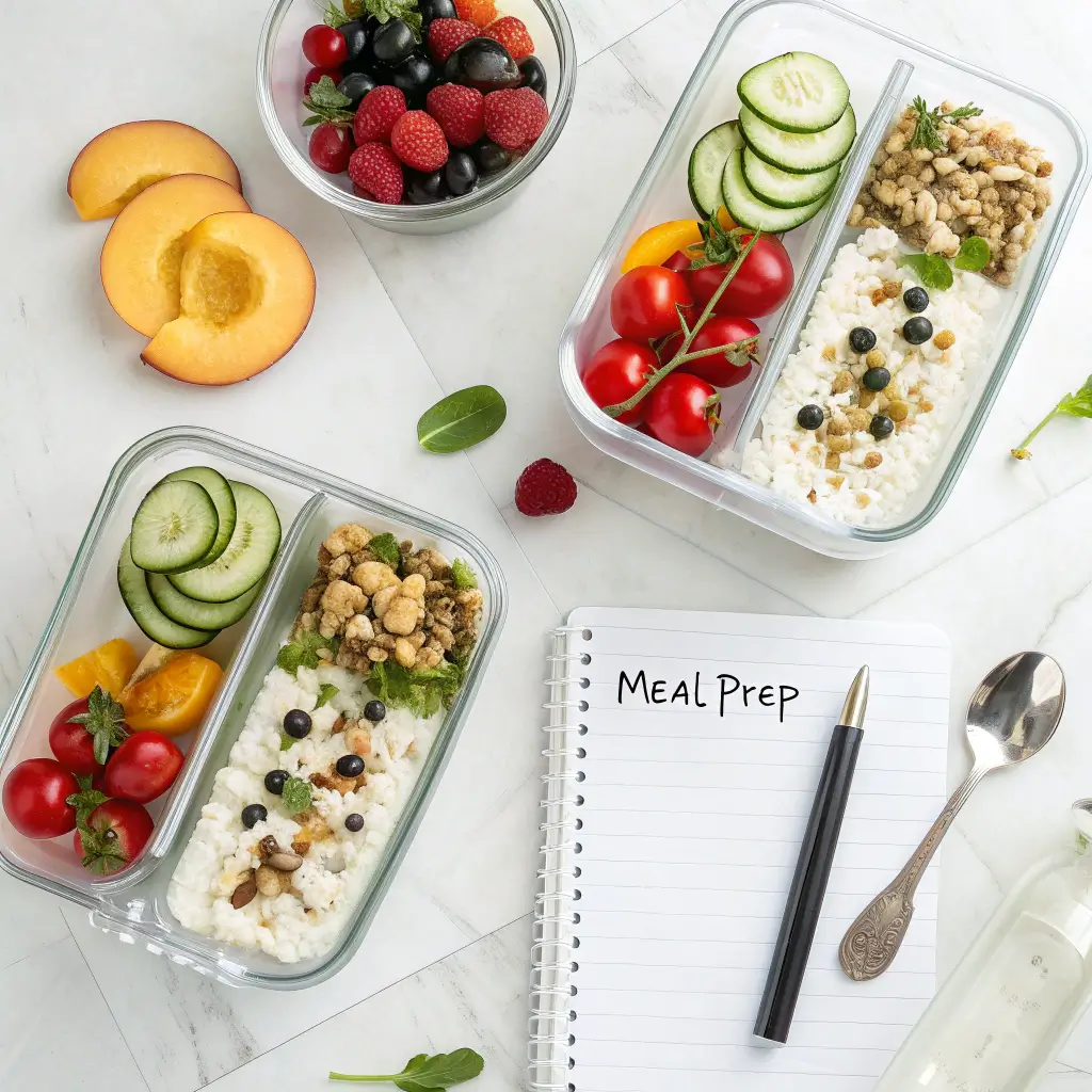 Cottage cheese bodybuilding meal prep containers with different flavor combinations