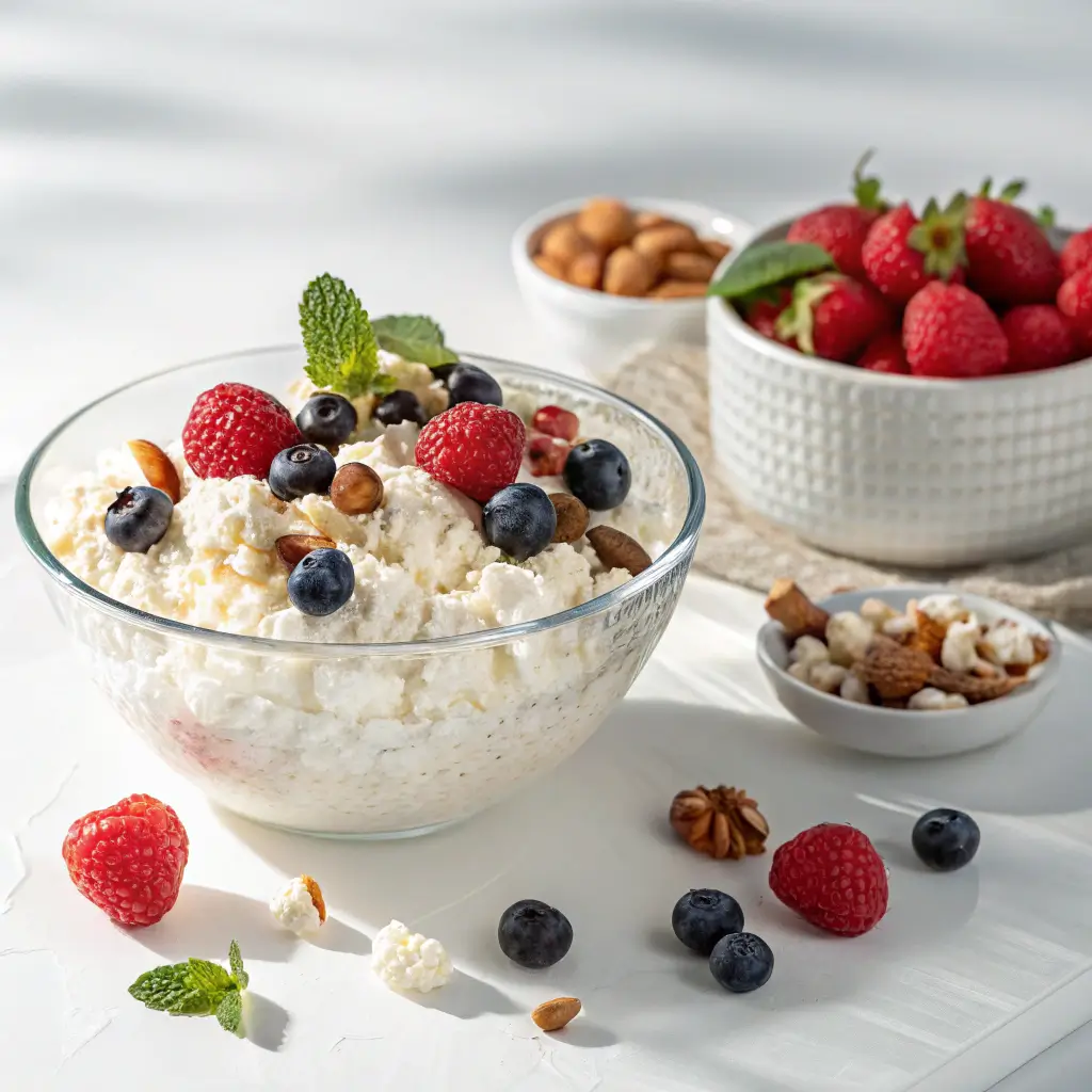 Cottage cheese bodybuilding nutrition bowl with berries and nuts for muscle building