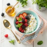 Healthy bowl of low-fat cottage cheese with berries and chia seeds for weight loss
