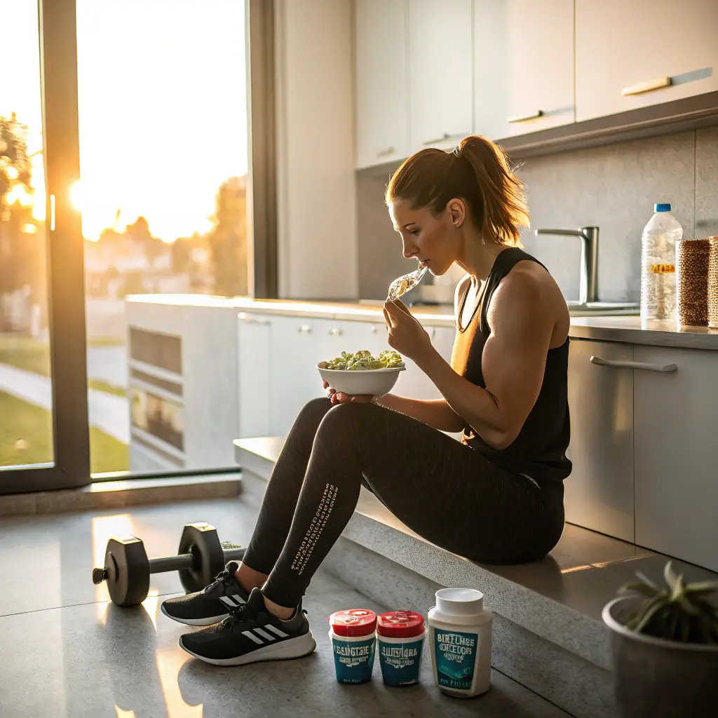 Fitness enthusiast choosing between cottage cheese and Greek yogurt for post-workout protein in modern kitchen