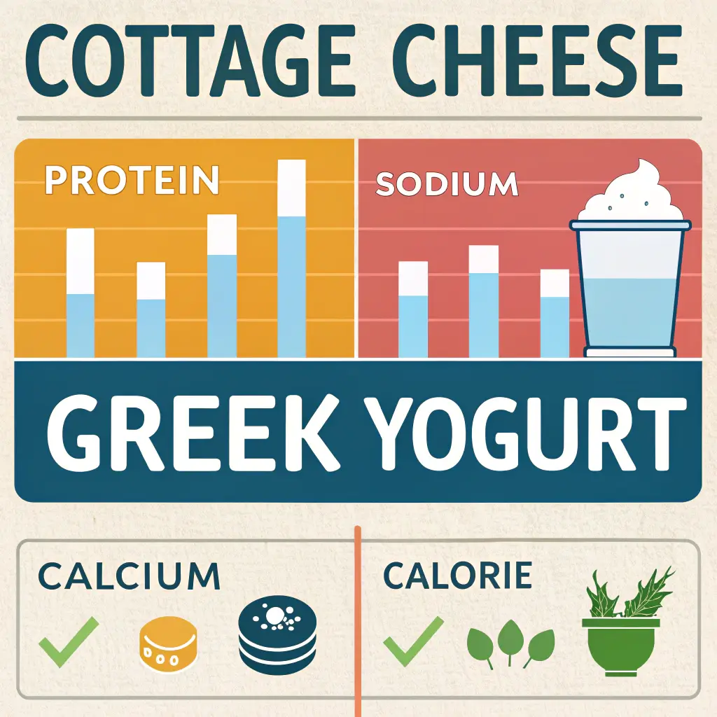 Cottage cheese vs Greek yogurt nutrition facts comparison chart showing protein, sodium, and calcium differences