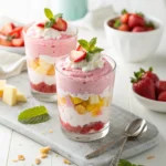 A glass dish of pink cottage cheese and strawberry Jello fluff topped with fresh fruit and mint, perfect for a Weight Watchers low-point dessert.