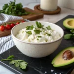 Cottage cheese keto diet bowl with herbs and avocado