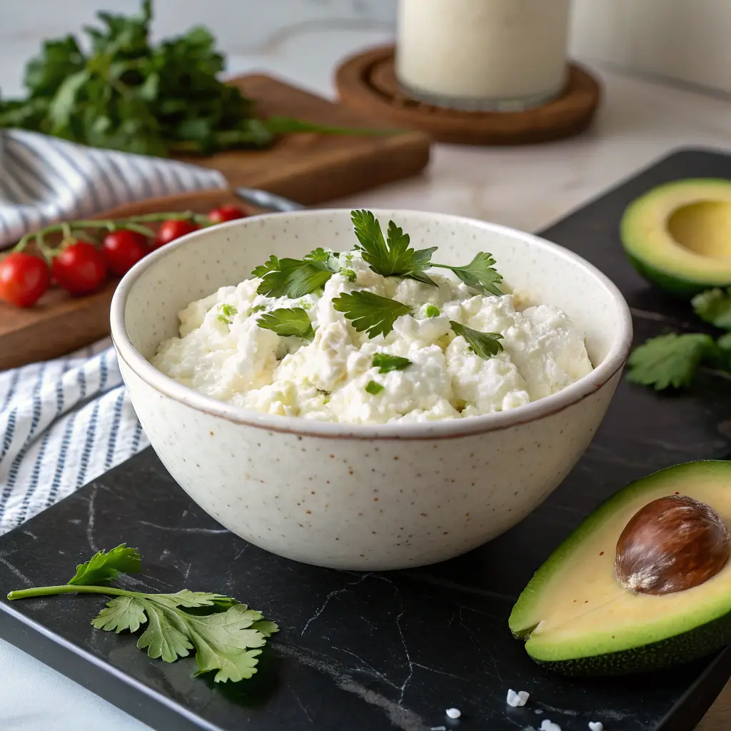 Cottage cheese keto diet bowl with herbs and avocado