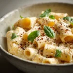 Close-up of creamy cottage cheese pasta with rigatoni, blended sauce, fresh basil garnish, and grated parmesan in a white ceramic bowl
