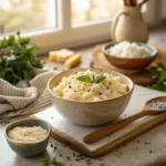 Bowl of creamy cottage cheese pasta topped with parmesan and black pepper