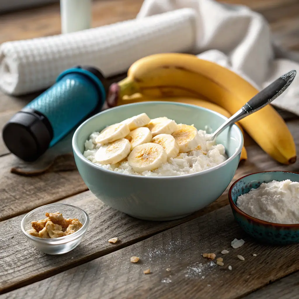 Cottage cheese for post-workout recovery with bananas and towel