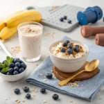 High-protein cottage cheese post-workout snack with blueberries and a smoothie on a fitness kitchen counter.