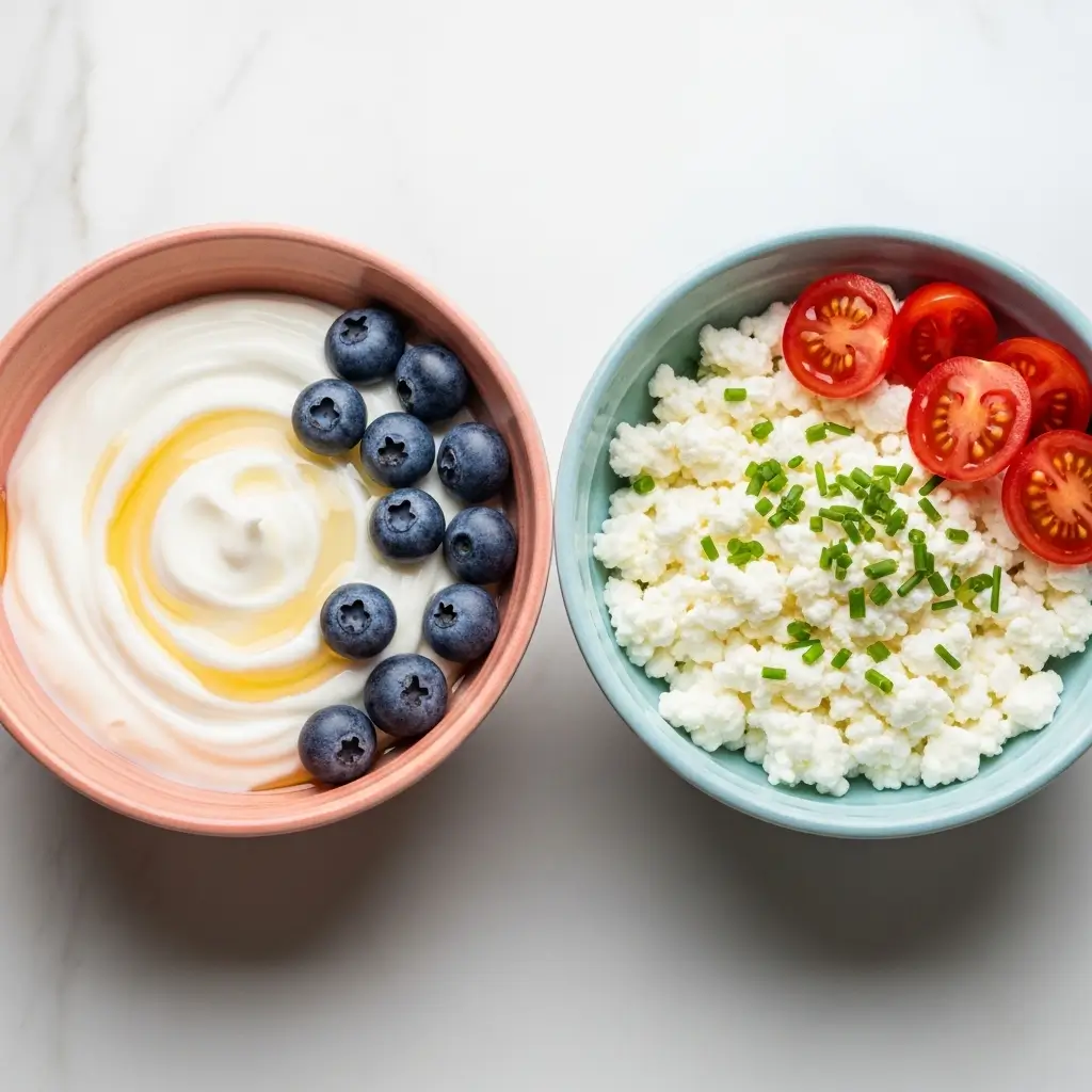 A side-by-side comparison of Cottage Cheese Vs Greek Yogurt in two white bowls, one with berries and one with tomatoes, representing a healthy choice.