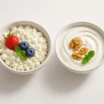 Side-by-side bowls of cottage cheese and Greek yogurt with toppings for protein comparison