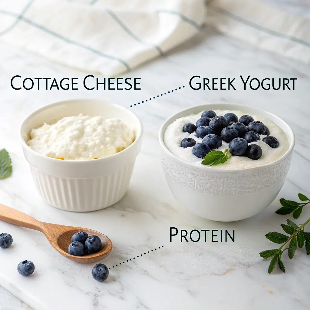 Cottage cheese vs Greek yogurt side-by-side comparison bowls with blueberries showing protein content differences
