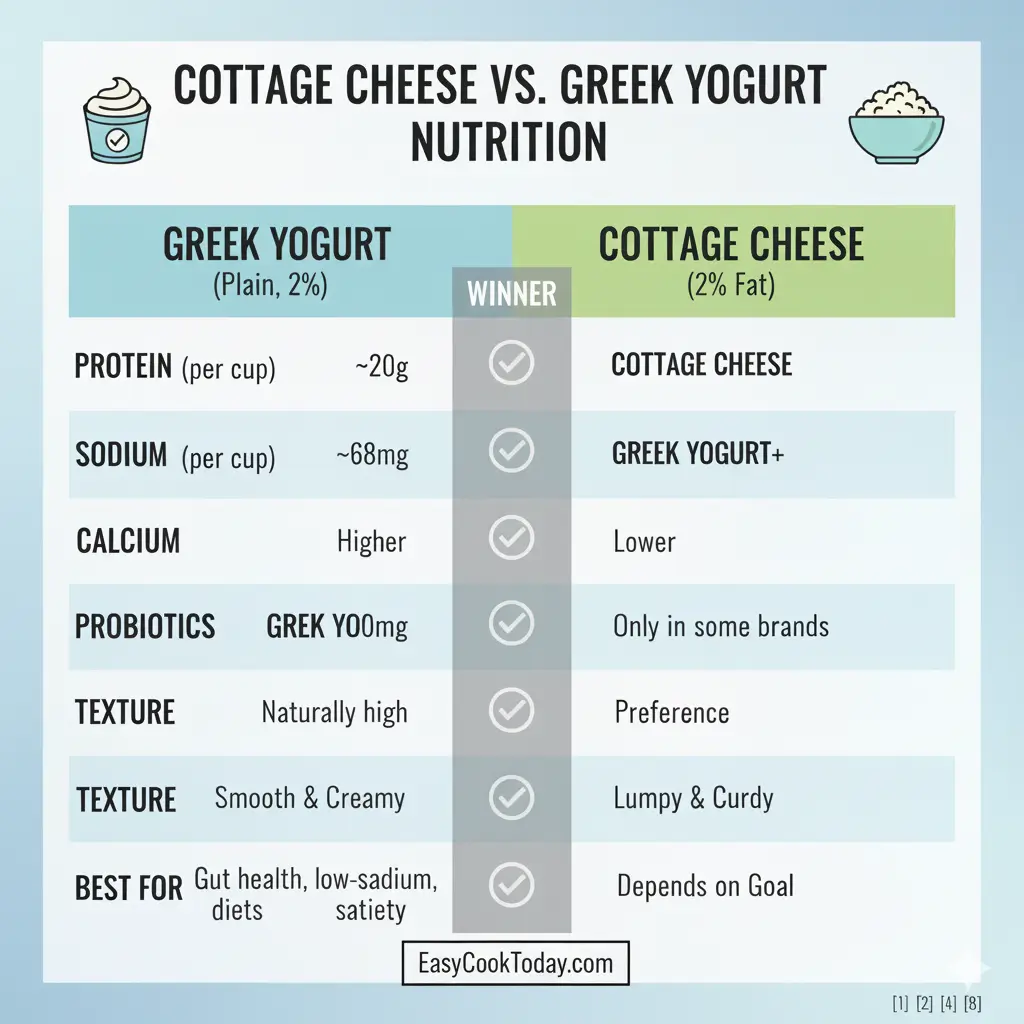 An infographic comparing the nutrition of Cottage Cheese Vs Greek Yogurt. The chart shows cottage cheese is higher in protein, while Greek yogurt wins on lower sodium and higher probiotics.
