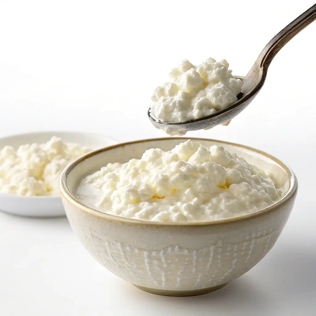 spoon lifting creamy aldi cottage cheese