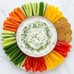 A bowl of creamy herb dip made from Aldi's cottage cheese, surrounded by fresh vegetable sticks for a healthy snack.