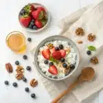 Bowl of Daisy Cottage Cheese with fresh fruit and nuts on a rustic white table