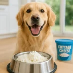 Golden retriever enjoying a healthy cottage cheese treat with white rice – a dog-friendly protein snack.