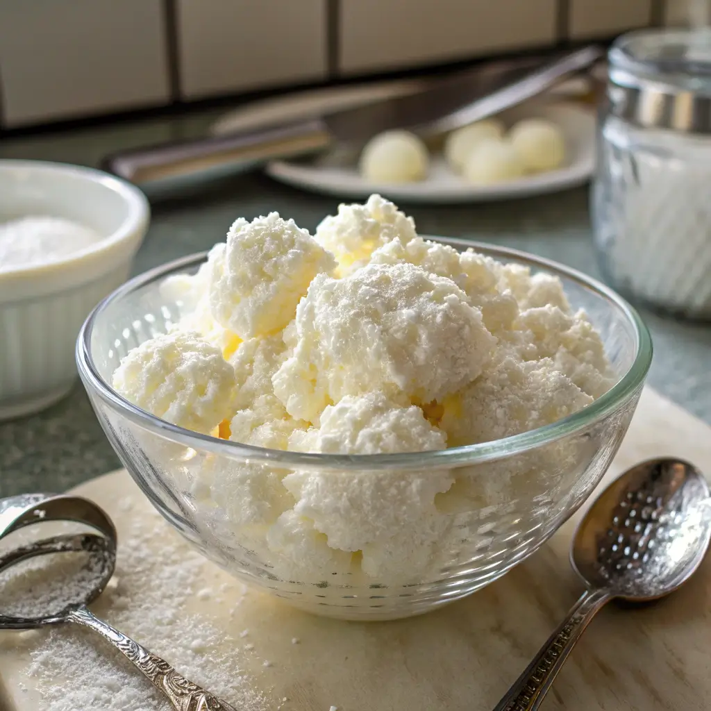 freezing cottage cheese in bowl with ice crystals