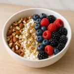 High-protein cottage cheese power bowl topped with berries, nuts, chia seeds, and cinnamon
