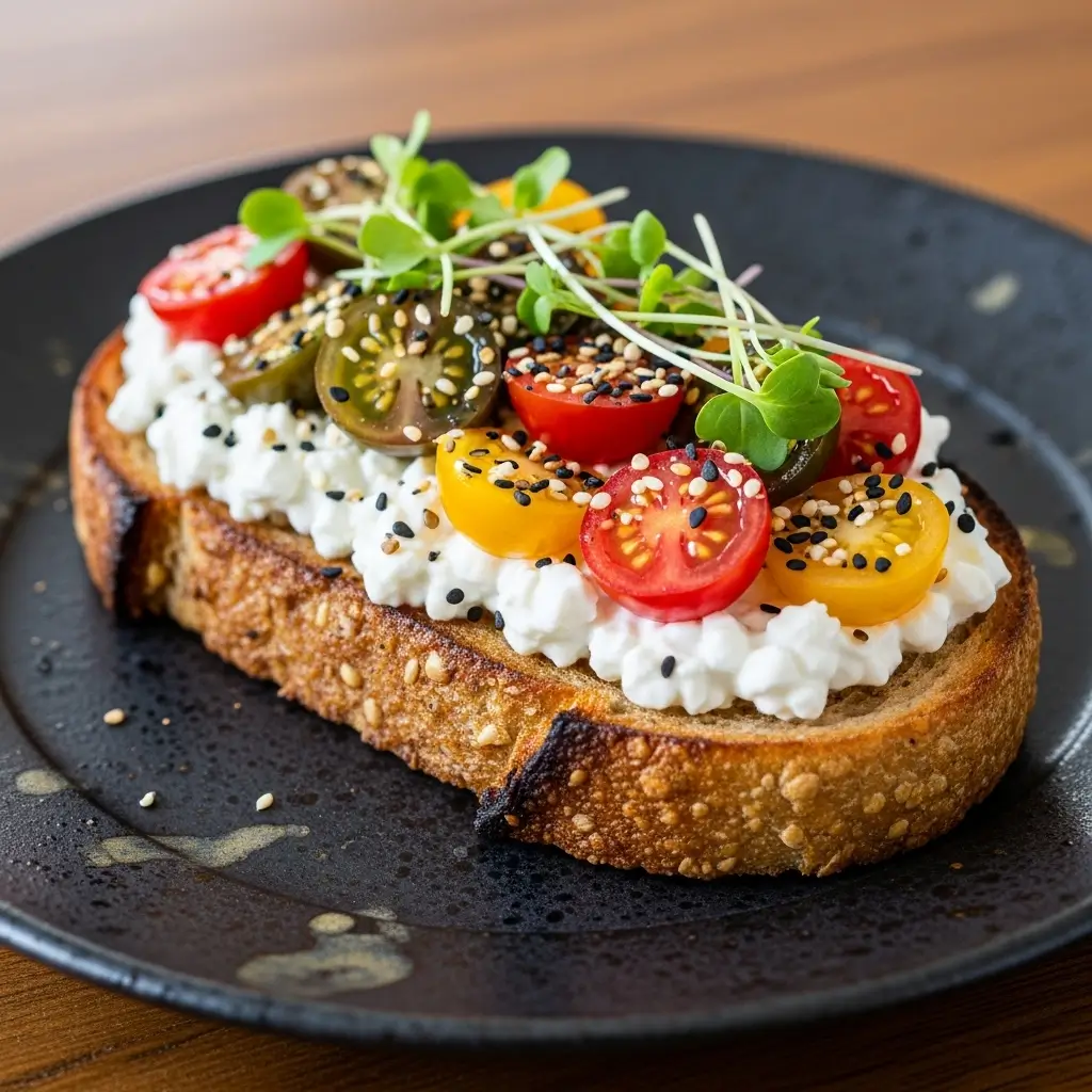 A healthy and high-protein breakfast toast made using Aldi's cottage cheese and topped with fresh tomatoes and seasoning.