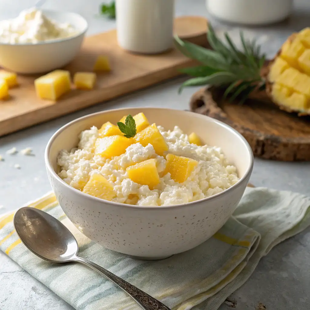Hood Cottage Cheese with pineapple chunks in a bowl