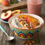 Hood Cottage Cheese with peaches, almonds, and chia seeds served in a bowl with honey drizzle.