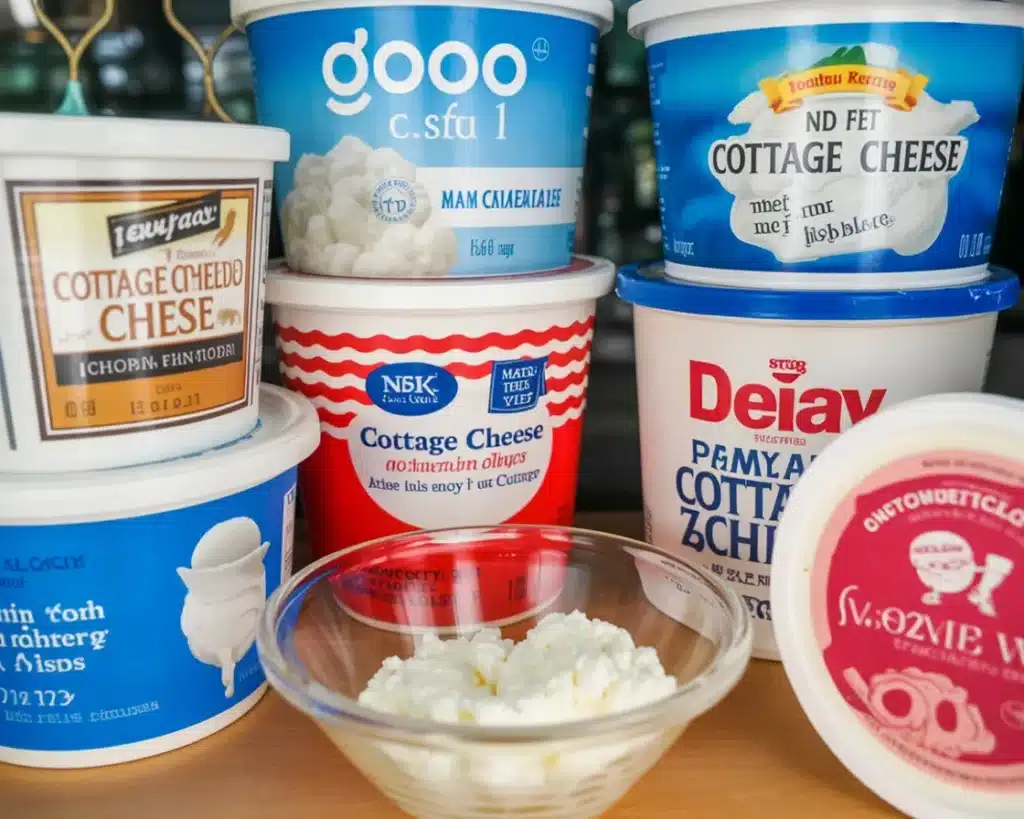 Selection of cottage cheese labels showcasing various brands and their unique ingredients.