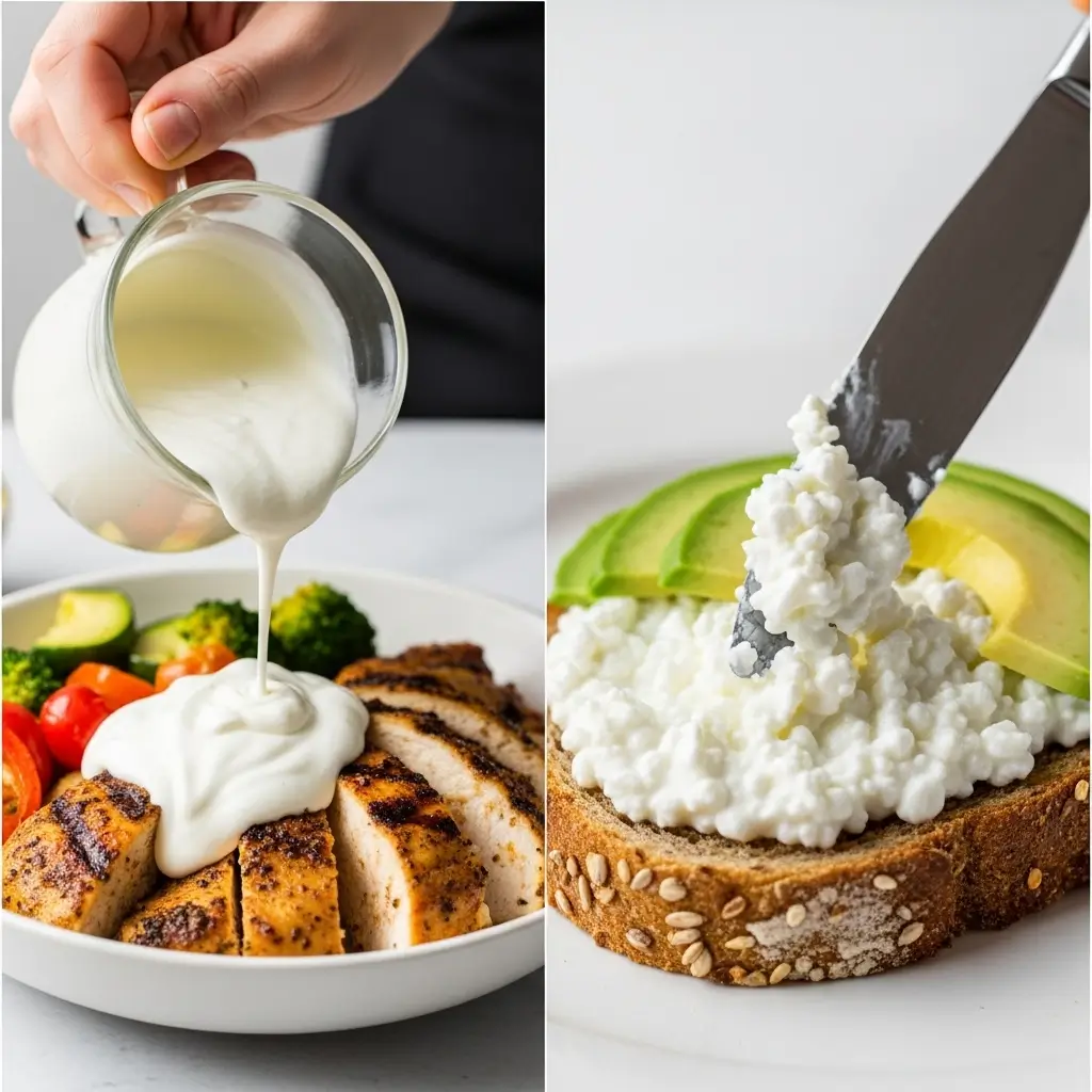 A split image showing two uses in the Cottage Cheese Vs Greek Yogurt debate: a creamy yogurt sauce and cottage cheese on toast.