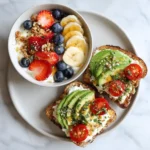 5-Minute Cottage Cheese Breakfast with fruit bowl and savory toast topped with avocado and tomatoes