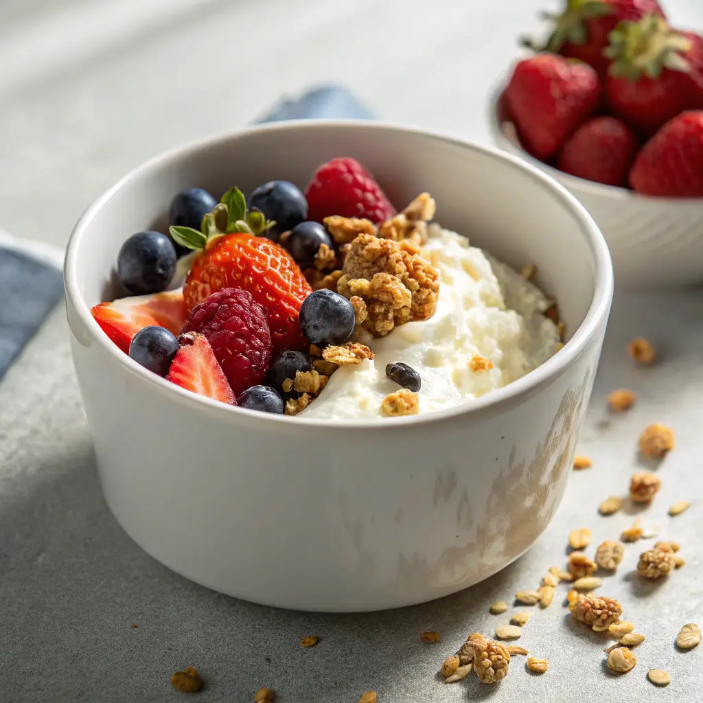 White ceramic bowl with cottage cheese, fresh berries, and crunchy granola.