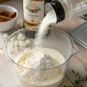 Adding powdered sugar to cottage cheese frosting mixture in blender