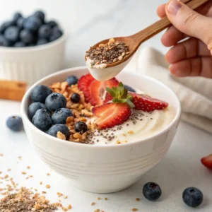 Fresh strawberries, blueberries, and granola being added as toppings to a bowl of cottage cheese mousse.
