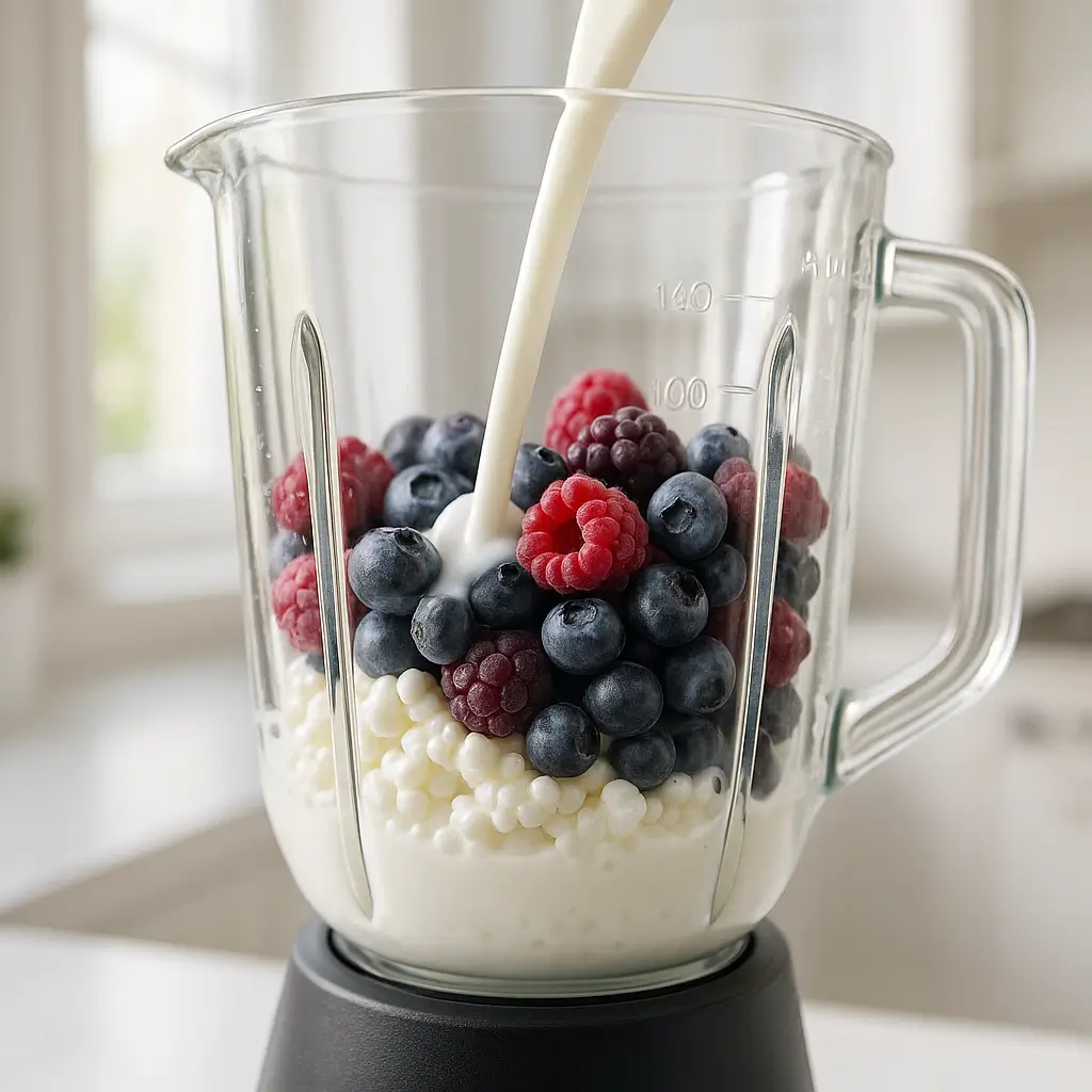 Blending a cottage cheese smoothie with fruit and milk