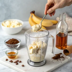 Hands adding cottage cheese, banana, honey, cocoa powder, and vanilla extract into a glass blender jar on a marble countertop.