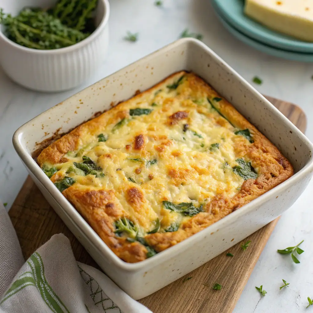 Golden-brown breakfast casserole made with cottage cheese, spinach, and eggs.