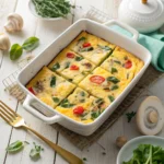 Baked cottage cheese breakfast casserole with eggs, spinach, mushrooms, and peppers served in slices