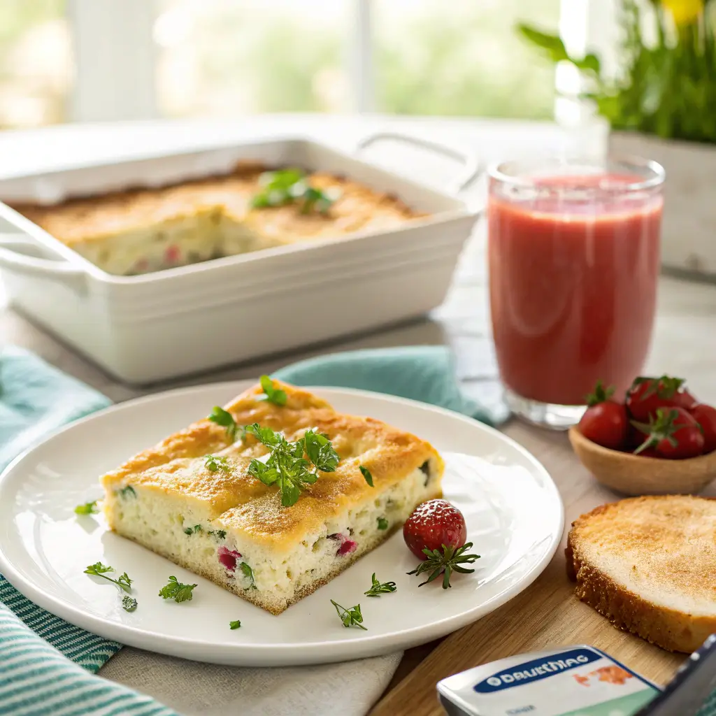 Serving cottage cheese breakfast casserole with toast and smoothie