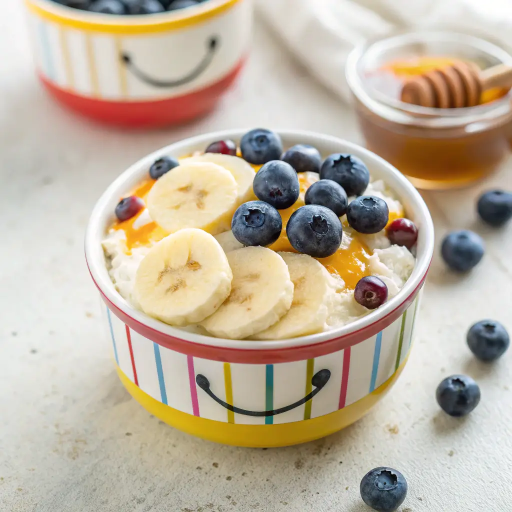 Colorful kids’ bowl of cottage cheese topped with banana, blueberries, and honey in a smiley face design.