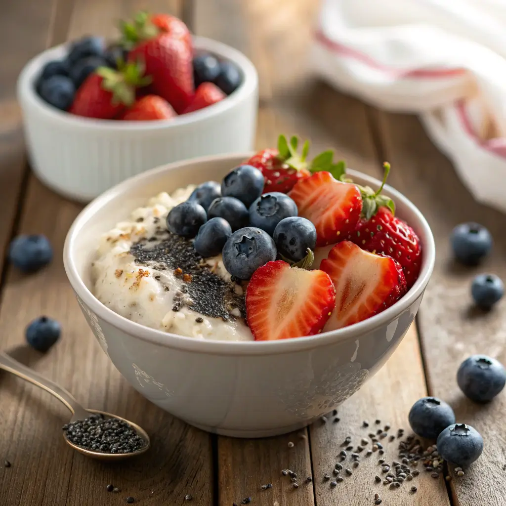 Cottage cheese breakfast oats with berries and chia seeds