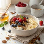 Creamy cottage cheese breakfast oats topped with fresh fruit, nuts, and seeds in a cozy morning setting.