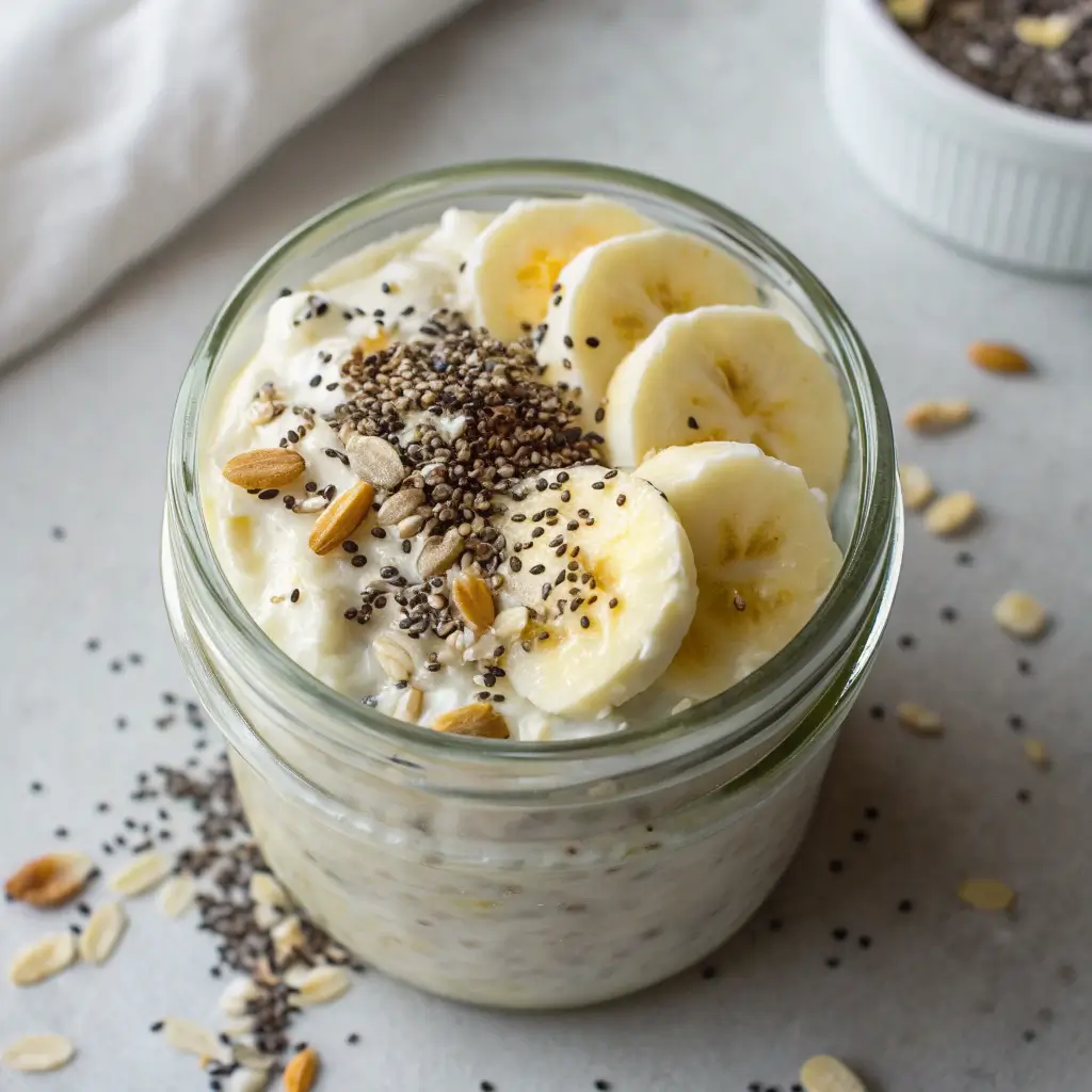 Glass jar filled with cottage cheese overnight oats topped with banana and chia seeds.