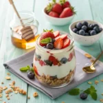 Cottage Cheese Breakfast Parfait layered with strawberries, blueberries, granola, and honey in a glass jar.