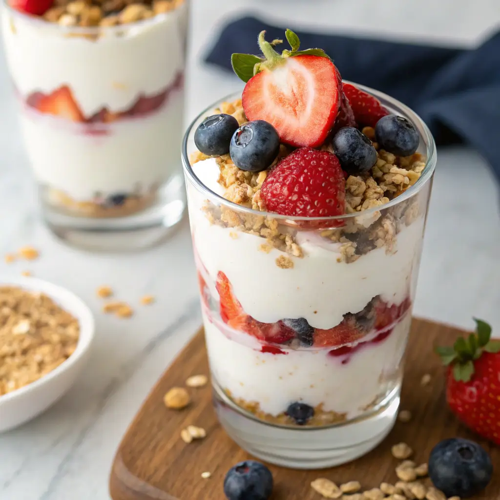 Cottage cheese parfait in a clear glass layered with granola and fresh berries.