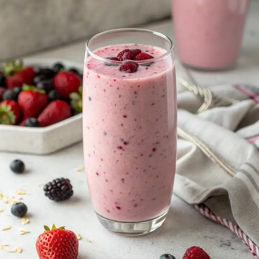 Tall clear glass of pink cottage cheese smoothie with berry speckles and condensation.
