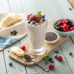 Recipe card for a Cottage Cheese Breakfast Smoothie with banana, berries, milk, honey, and chia seeds