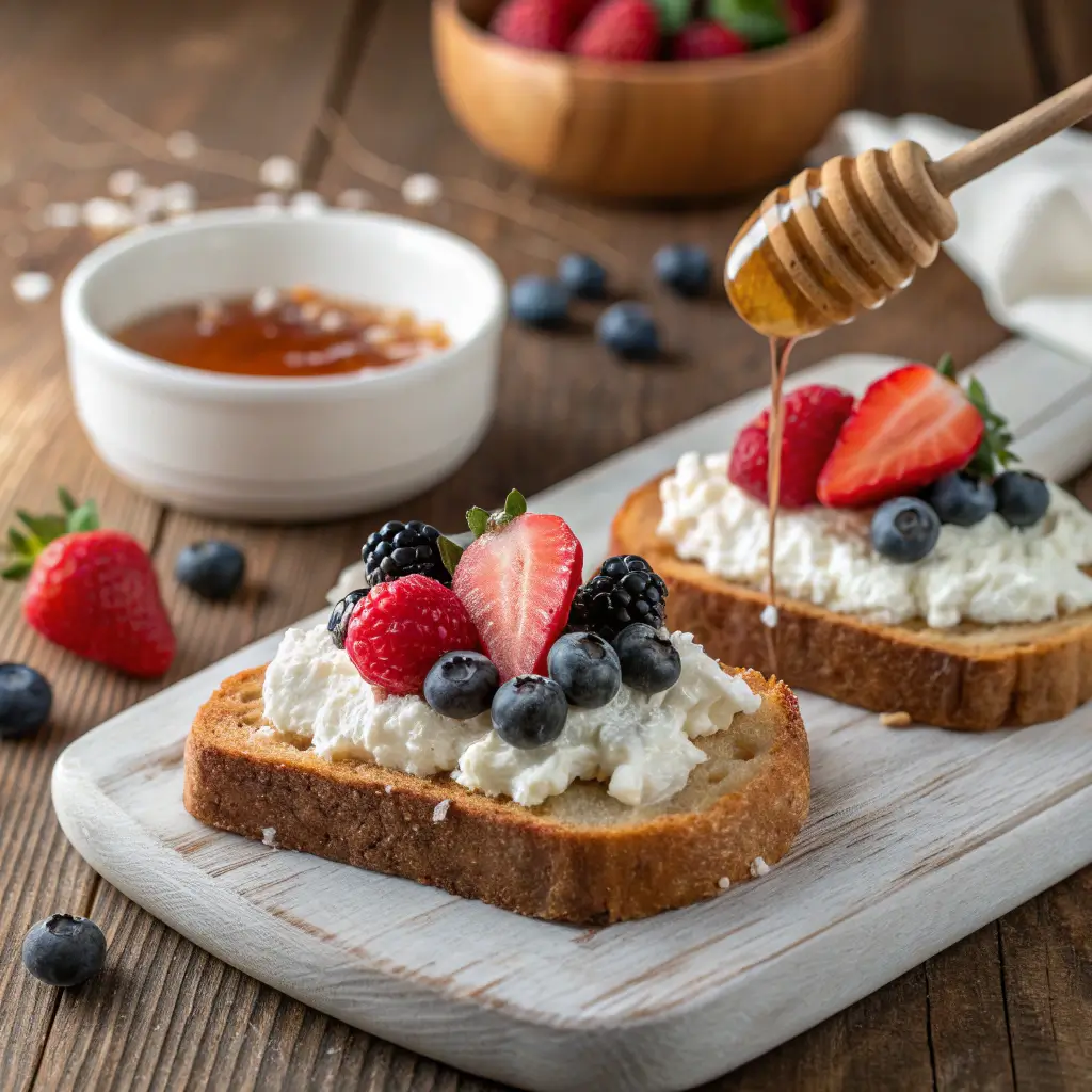 Cottage cheese breakfast toast with berries and honey