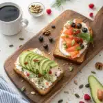 Cottage cheese breakfast toast recipe with fresh berries, avocado, smoked salmon, and honey drizzle