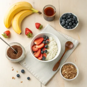 Neatly arranged ingredients for healthy cottage cheese dessert: cottage cheese, banana, honey, cocoa powder, vanilla extract, berries, and granola on a wooden surface.