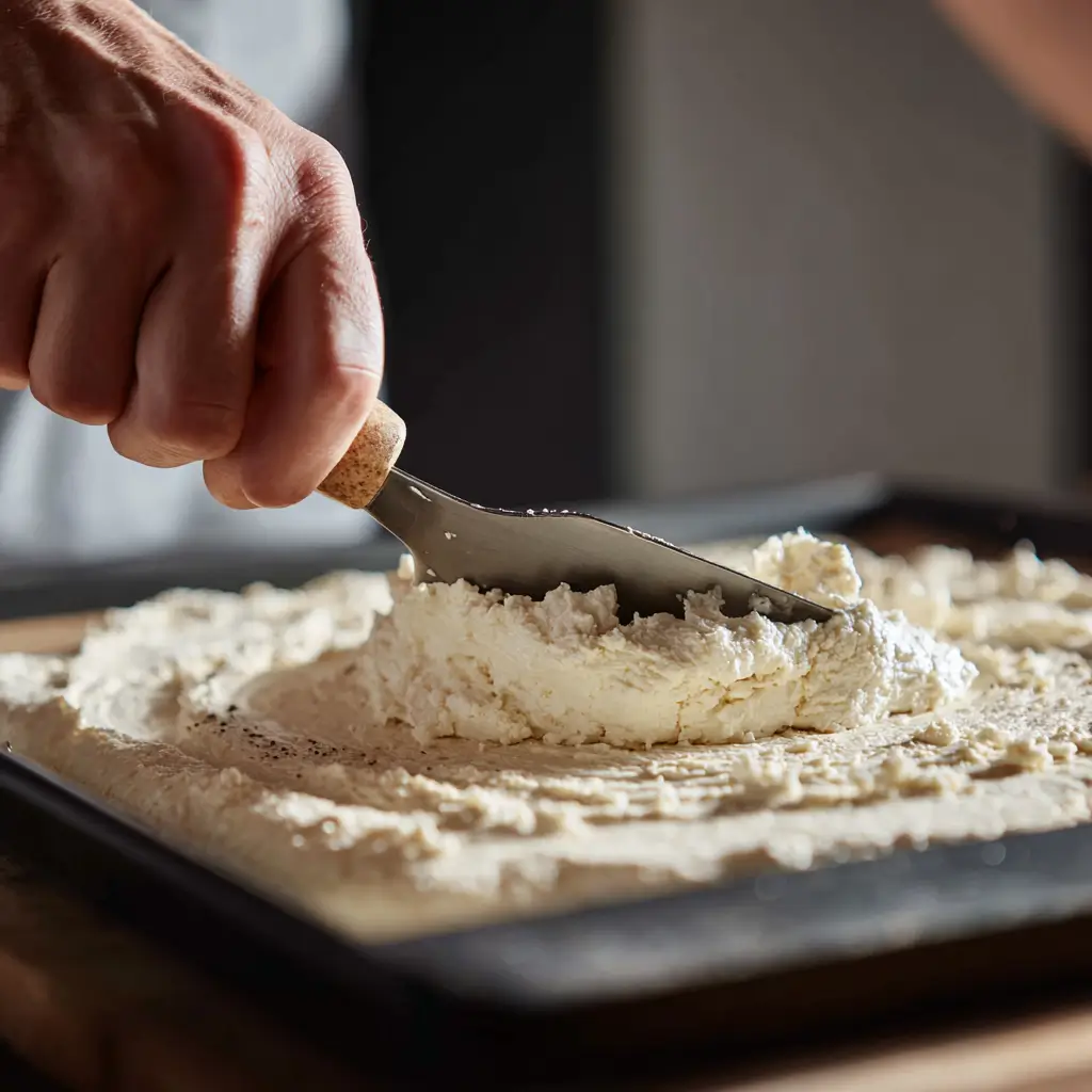 Preparing cottage cheese flatbread batter on tray